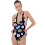 Ecstasy pills pattern Backless Halter One Piece Swimsuit