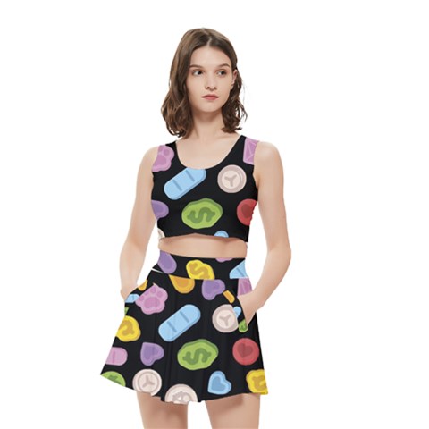 Ecstasy pills pattern Women s Crop Top Pleated Skater Rave Skirt from ArtsNow.com