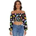 Ecstasy pills pattern Long Sleeve Crinkled Weave Crop Top