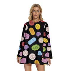 Round Neck Long Sleeve Bohemian Style Chiffon Mini Dress 