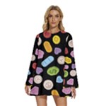 Ecstasy pills pattern Round Neck Long Sleeve Bohemian Style Chiffon Mini Dress