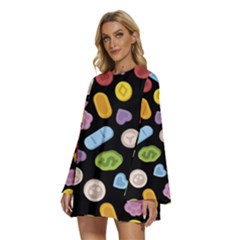 Round Neck Long Sleeve Bohemian Style Chiffon Mini Dress 