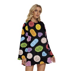 Round Neck Long Sleeve Bohemian Style Chiffon Mini Dress 