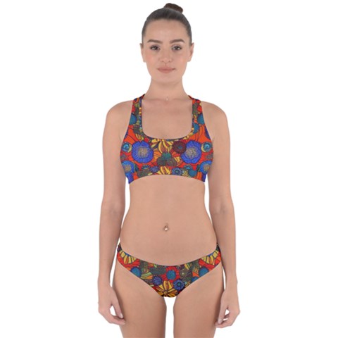 Mid Century Retro Floral 1970s 1960s Pattern 69 Cross Back Hipster Bikini Set from ArtsNow.com