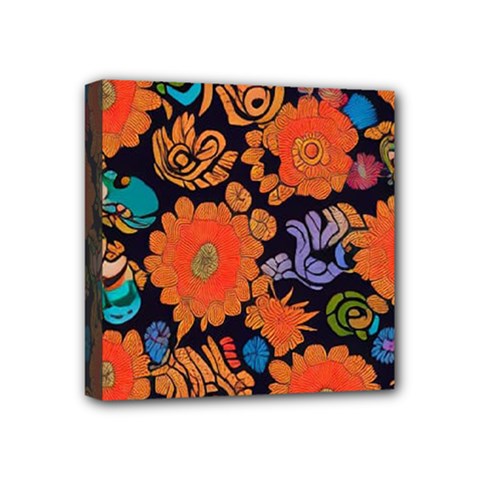 Mid Century Retro Floral 1970s 1960s Pattern 49 Mini Canvas 4  x 4  (Stretched) from ArtsNow.com