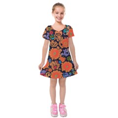 Mid Century Retro Floral 1970s 1960s Pattern 49 Kids  Short Sleeve Velvet Dress from ArtsNow.com