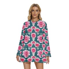 Round Neck Long Sleeve Bohemian Style Chiffon Mini Dress 