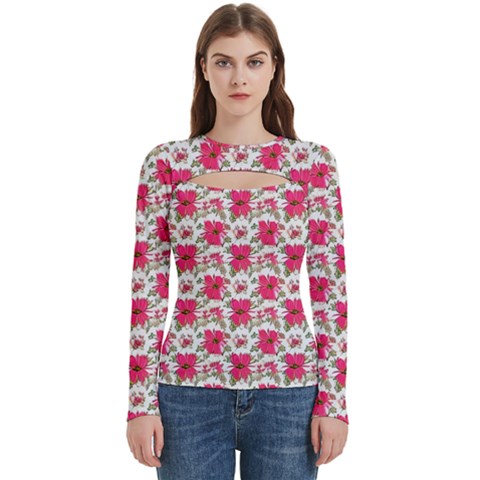 Retro 1880s Flowers Pattern 14 Women s Cut Out Long Sleeve T