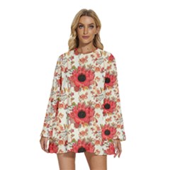 Round Neck Long Sleeve Bohemian Style Chiffon Mini Dress 