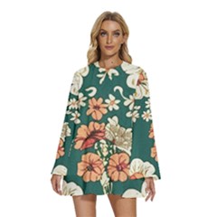 Round Neck Long Sleeve Bohemian Style Chiffon Mini Dress 