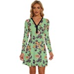 Retro 1880s Flowers Pattern 24 Long Sleeve Deep V Mini Dress 