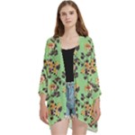 Retro 1880s Flowers Pattern 24 Open Front 3/4 Sleeve Batwing Chiffon Cardigan Kimono