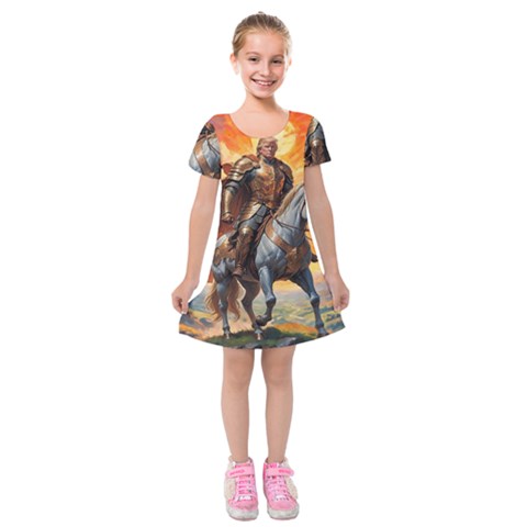 Heroic Trump Warrior in Golden Armor Kids  Short Sleeve Velvet Dress from ArtsNow.com