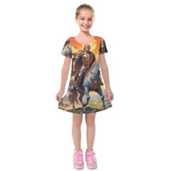 Heroic Trump Warrior in Golden Armor Kids  Short Sleeve Velvet Dress from ArtsNow.com