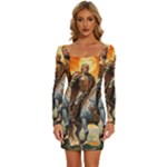 Heroic Trump Warrior in Golden Armor Long Sleeve Square Neck Bodycon Velvet Dress