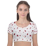 Christmas Xmas Holiday Pattern Background Velvet Short Sleeve Crop Top 