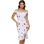 Christmas Xmas Holiday Pattern Background Off Shoulder Ruffle Split Hem Bodycon Dress