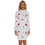 Christmas Xmas Holiday Pattern Background Long Sleeve Shirt Collar Bodycon Dress