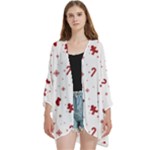 Christmas Xmas Holiday Pattern Background Open Front 3/4 Sleeve Batwing Chiffon Cardigan Kimono