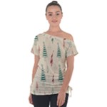 Trees Christmas Holiday Pattern Off Shoulder Tie-Up T-Shirt