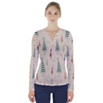 Trees Christmas Holiday Pattern V-Neck Long Sleeve Top