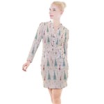 Trees Christmas Holiday Pattern Button Long Sleeve Dress