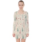 Trees Christmas Holiday Pattern V-neck Bodycon Long Sleeve Dress