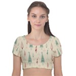 Trees Christmas Holiday Pattern Velvet Short Sleeve Crop Top 