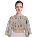 Trees Christmas Holiday Pattern Tie Back Butterfly Sleeve Chiffon Top