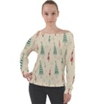 Trees Christmas Holiday Pattern Off Shoulder Long Sleeve Velour Top