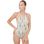 Trees Christmas Holiday Pattern High Neck One Piece Swimsuit