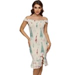 Trees Christmas Holiday Pattern Off Shoulder Ruffle Split Hem Bodycon Dress