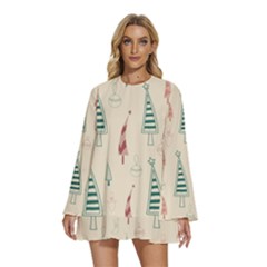 Round Neck Long Sleeve Bohemian Style Chiffon Mini Dress 