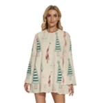 Trees Christmas Holiday Pattern Round Neck Long Sleeve Bohemian Style Chiffon Mini Dress