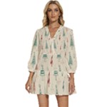 Trees Christmas Holiday Pattern V-Neck Placket Mini Dress