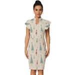 Trees Christmas Holiday Pattern Vintage Frill Sleeve V-Neck Bodycon Dress