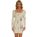 Trees Christmas Holiday Pattern Long Sleeve Square Neck Bodycon Velvet Dress