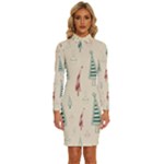 Trees Christmas Holiday Pattern Long Sleeve Shirt Collar Bodycon Dress