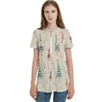 Trees Christmas Holiday Pattern Women s Zip Front V-Neck Short Sleeve Casual Top Pocket Shirt