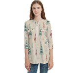 Trees Christmas Holiday Pattern Women s Zip Front V-Neck 3/4 Sleeve Casual Top Pocket Shirt