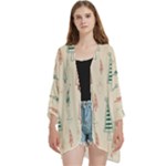 Trees Christmas Holiday Pattern Open Front 3/4 Sleeve Batwing Chiffon Cardigan Kimono