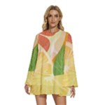 Citrus Fruit Healthy Vitamin Round Neck Long Sleeve Bohemian Style Chiffon Mini Dress