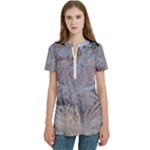 Window Pattern Winter Frost Women s Zip Front V-Neck Short Sleeve Casual Top Pocket Shirt