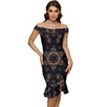 Bronze Age Mandala Off Shoulder Ruffle Split Hem Bodycon Dress