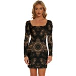 Bronze Age Mandala Long Sleeve Square Neck Bodycon Velvet Dress