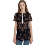 Bronze Age Mandala Women s Zip Front V-Neck Short Sleeve Casual Top Pocket Shirt