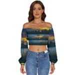 Peaceful Horizons of Uruguay  Long Sleeve Crinkled Weave Crop Top