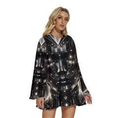 Round Neck Long Sleeve Bohemian Style Chiffon Mini Dress 