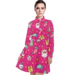 cute pink christmas pattern Long Sleeve Chiffon Shirt Dress