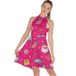 cute pink christmas pattern Sleeveless Halter Neck A-Line Dress